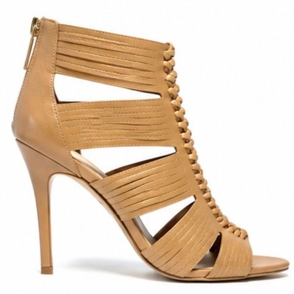 BCBGeneration Women's 10 Tan Caged Ankle Leather Zipper Heels Sexy Party Wedding